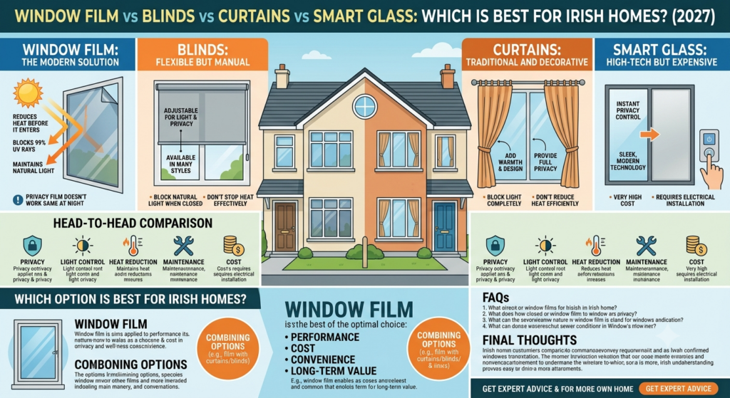 Window Film vs Blinds vs Curtains vs Smart Glass: Which Is Best for Irish Homes? (2027) Window Film vs Blinds vs Curtains vs Smart Glass: Which Is Best for Irish Homes? (2027)